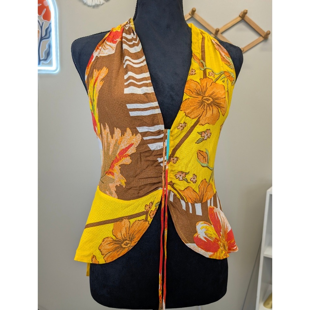 Free People Floral Patchwork Halter Top Yellow Brown Boho Tie Front NWT Size S